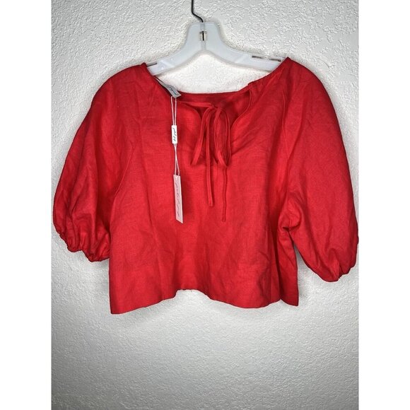 Petal & Pup Chelsea Linen Top Red Crop  Tie Back Puff Sleeves Size 8 NWTS 1D - Picture 2 of 7